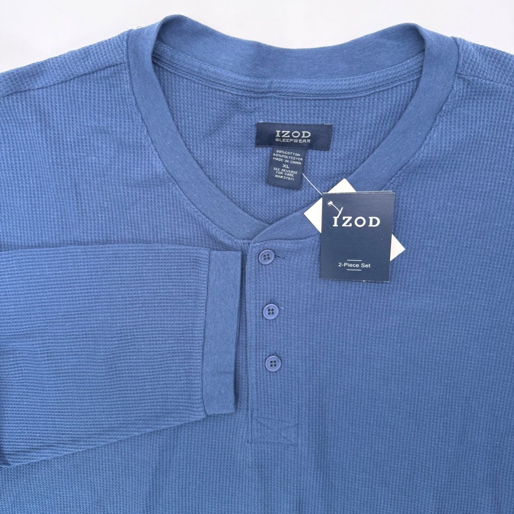 IZOD Sleepwear Henley Mens XL Navy Blue 104022444 Waffle Knit Long Sleeve Top
